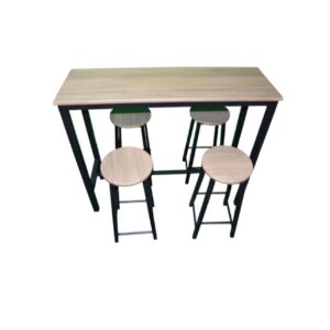 Table haute rectangulaire avec pieds en métal et 4 tabourets - bois imitation frêne